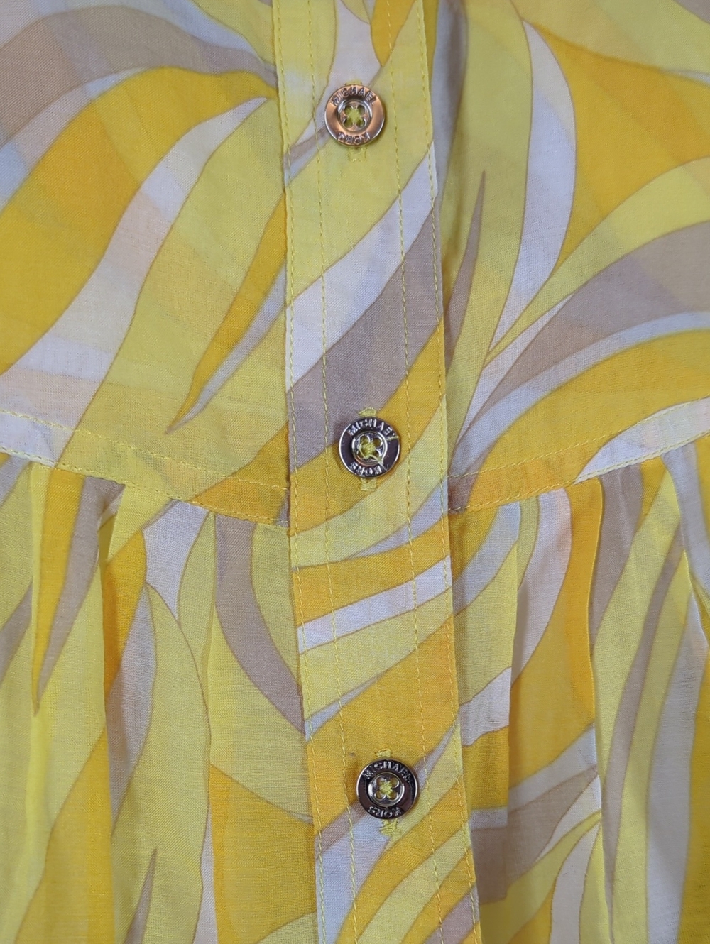 Women's Yellow Swirl Short-Sleeve Button Front Top Michael Kors Sheer Xs - Picture 5 of 9